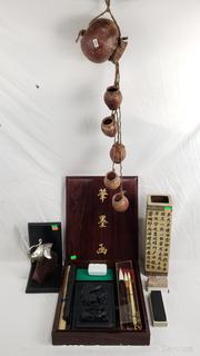 Japanese Calligraphy Set, Vase, Pottery Chime, Elephant Bookend
