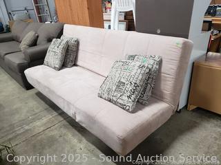 Blush Microfiber Upholstered Futon Sofa w/4 Throw Pillows