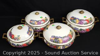 4pc Fruit Print Enameled Ware Brass Cooking Pots