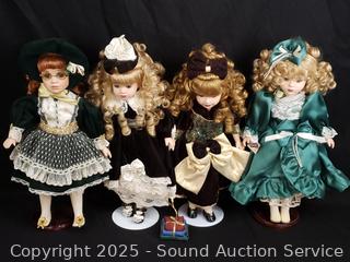 4 Porcelain Victorian Dolls w/Stands