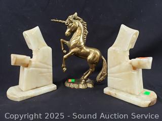 2 Quartz Prayer Bookends & Brass Unicorn