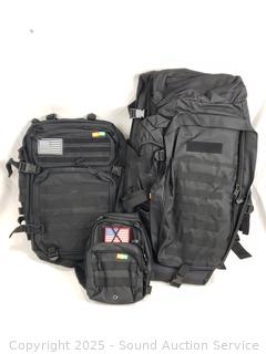 2 Black Tactical Backpacks & Shoulder Bag