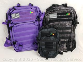 3 Purple/Gray/Black Tactical Backpacks, Shoulder Bag
