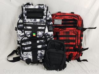 3pc White Black & Red Tactical Backpacks, Shoulder Bag