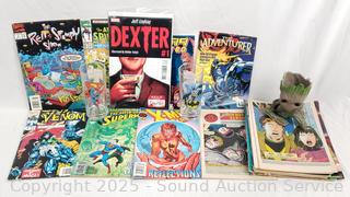Assorted Comic Books, Batman/Superman Tumbler Glasses, Groot Figure