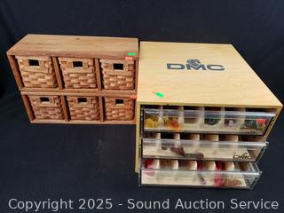 Organizer Full of Assorted Thread & 2 3-Drawer Wicker & Wood Organizers