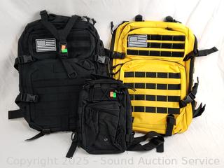 2 Black & One Yellow Tactical Backpacks & 1 Shoulder Pouch