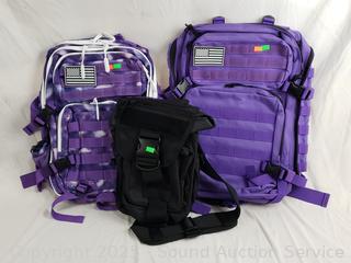 2 Purple Tactical Backpacks, 1 Black Shoulder Bag
