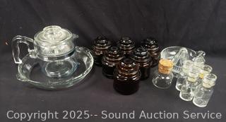 Glass Percolator Coffee Pot, Pie Pan, Juicer, Jars