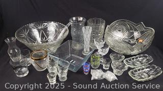 Clear Glass Punch Bowl w/Some Cups, Ladle & Vases