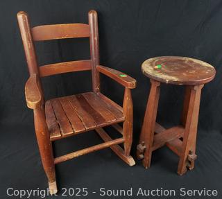 Wood Stool & Childs Wood Rocker