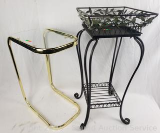 Brass Finish Glass Top Accent Table & Plant Stand
