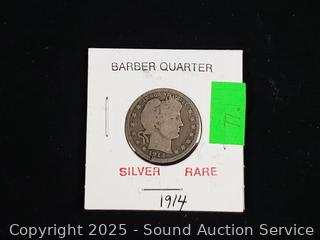 Rare Antique 1914 90% Silver Barber Quarter