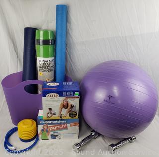 Assorted Yoga/Pilates Mats, Balls, Punching Weights, AB Wheel