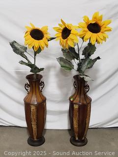 2 Decorative Metal Vases w/Faux Sunflowers