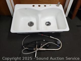 Cast Iron Enamel Dual Basin Sink & Stainless Pulldown Faucet
