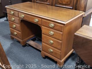 Ethan Allen Maple 7-Drawer Desk w/Glass Top
