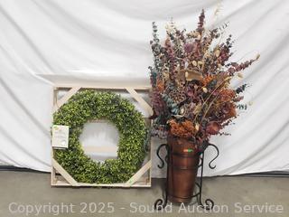 Lighted Faux Boxwood Wreath & Faux Dry Floral Arrangement