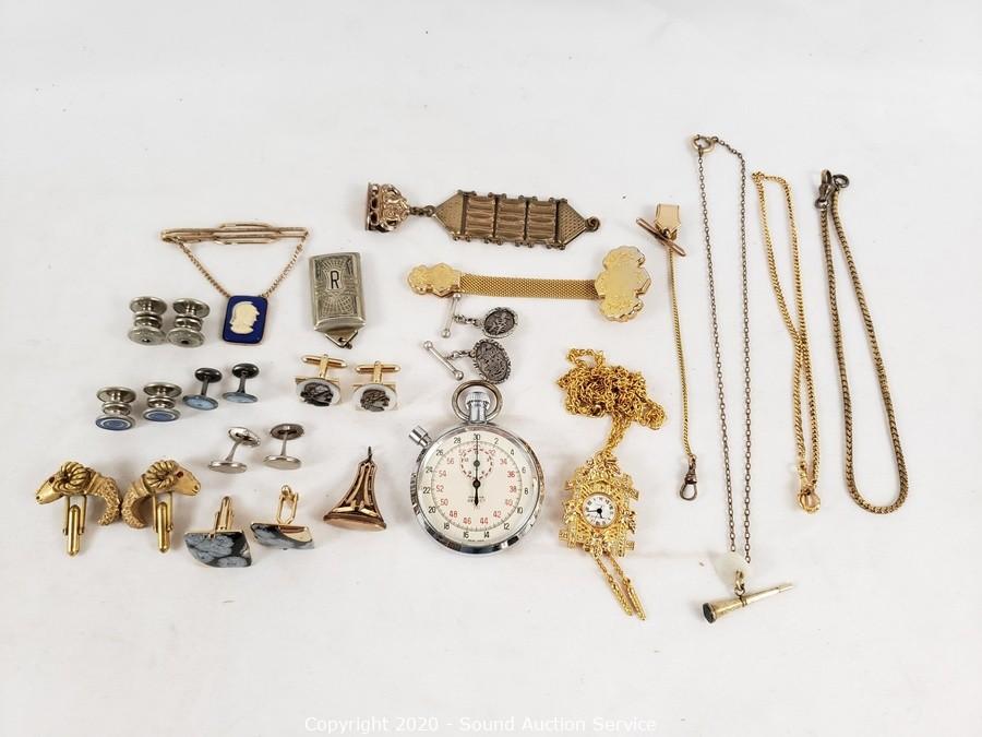Sound Auction Service - Auction: 06/09/20 Brossard, Overfield & Others  Estate Auction ITEM: Vtg. Men's Jewelry, Stop Watch & Watch Fobs