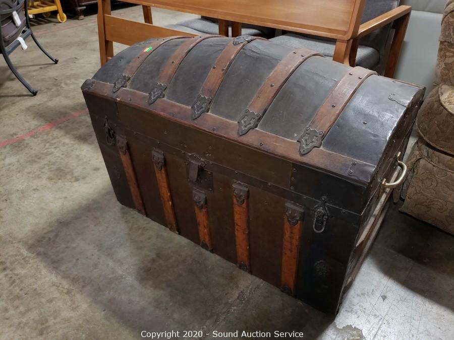 Sold at Auction: Antique Wood & Metal Steamer Trunk