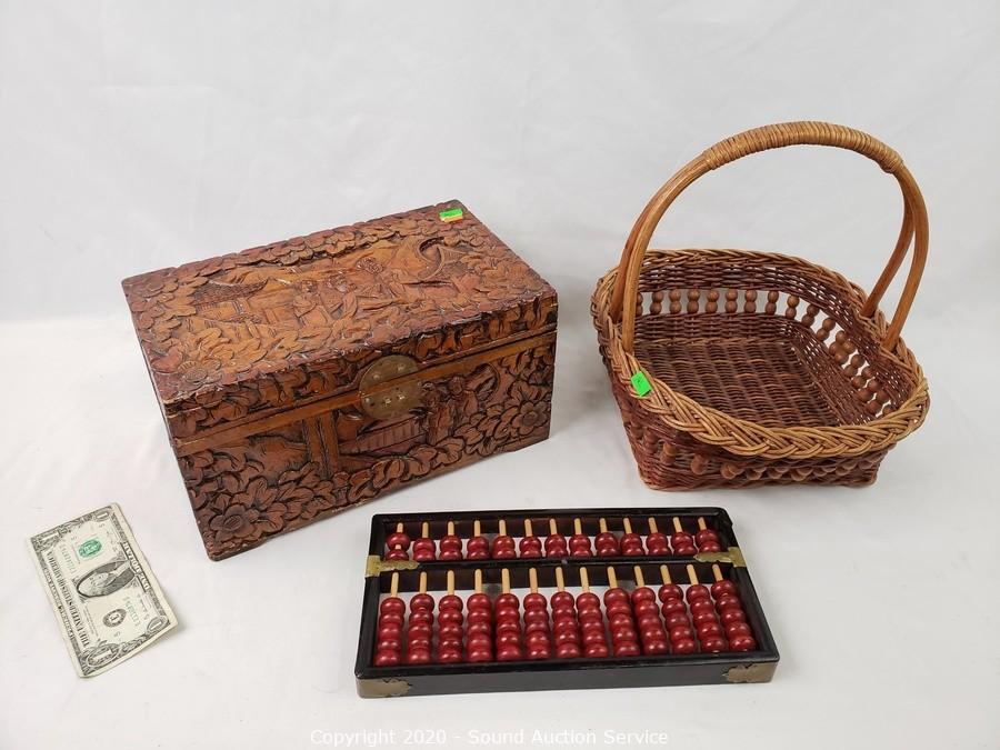 At Auction: antique carved wooden sewing box