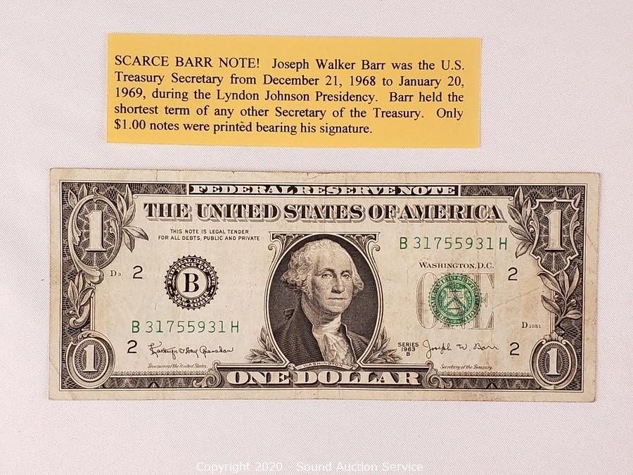1963B Joseph W Barr One Dollar Bill 