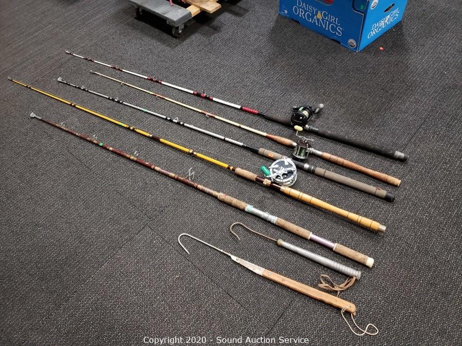 Sound Auction Service - Auction: 12/29/20 Mitchell, McCaughan & Others  Estate Auction ITEM: 5 Fishing Rods w/3 Reels & Gaff Hooks