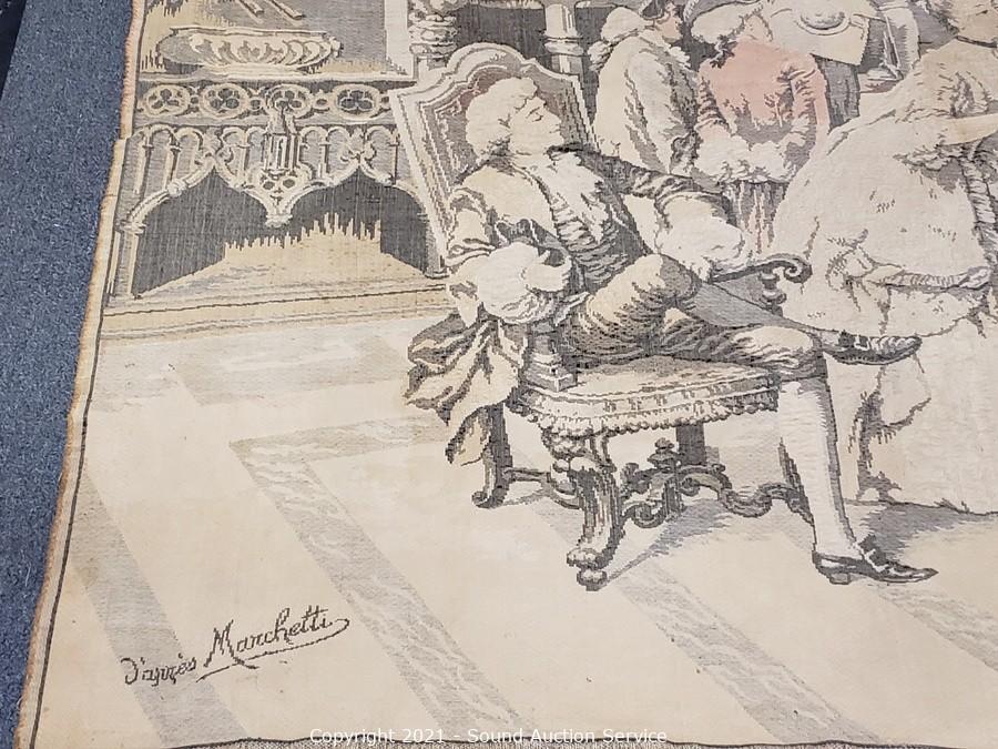 Vintage Belgium Gobelin Tapestry Victorian Scene signed 53x 20