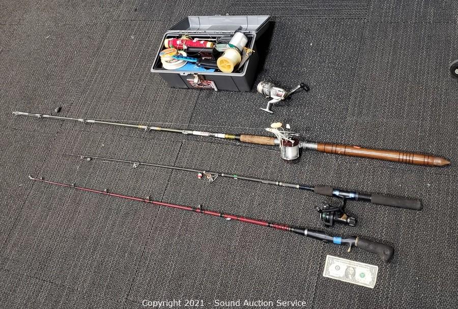 Sound Auction Service - Auction: 6/22/21 Andrews, Brown & Others Online  Auction ITEM: 3 Fishing Rods w/Reels & Tackle Box w/Tackle