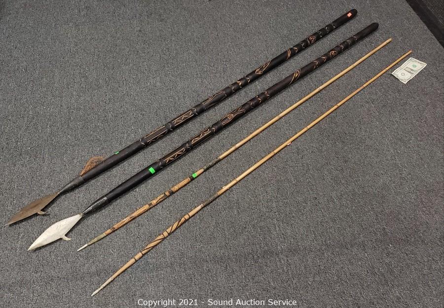 Sound Auction Service - Auction: 7/07/21Goldsberry, Roberts & Others Online  Auction ITEM: Primitive Carved Wood & Bamboo Fishing Spears