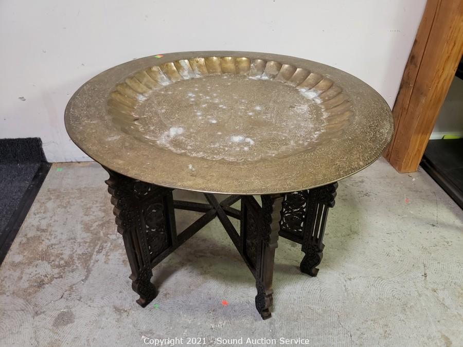 Antique Chinese Folding Golden Brass Tray Table With Engraved