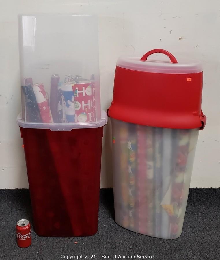 Sound Auction Service - Auction: 06/26/18 Bain Estate & Jewelry Auction  ITEM: Rubbermaid Wrapping Paper Storage Tote w/Paper