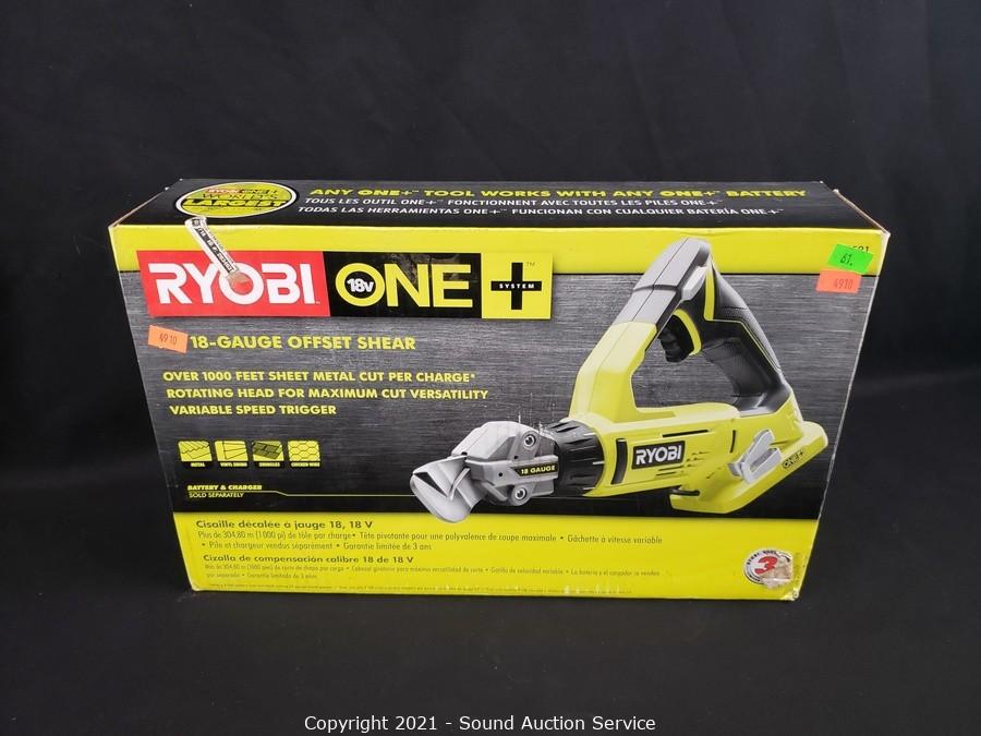 Sound Auction Service - Auction: 10/08/21 Challen, Dodd & Others Online  Auction ITEM: New Ryobi One 18V 18-Gauge Offset Shear