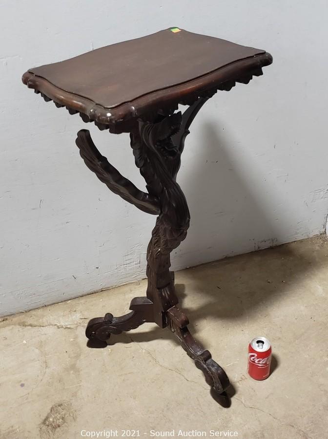 Sound Auction Service - Auction: 12/11/21 Singer, Bergman & Others Online  Auction ITEM: Ornate Mahogany Dragon Carved Base Side Table