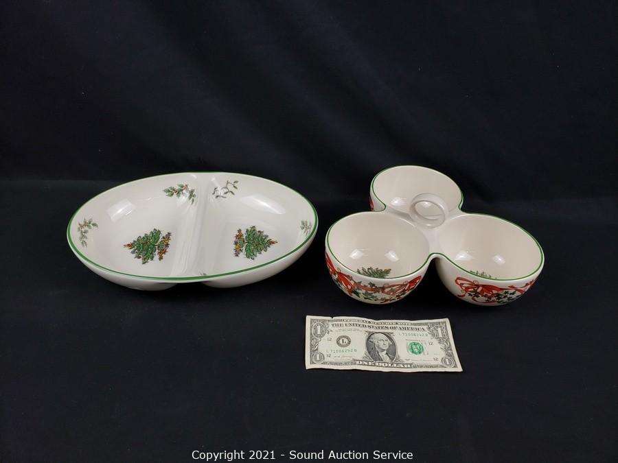 Sound Auction Service - Auction: 01/04/22 Holiday & Collectibles Online  Estate Auction ITEM: Spode Red Ribbon & Christmas Tree Divided Dishes