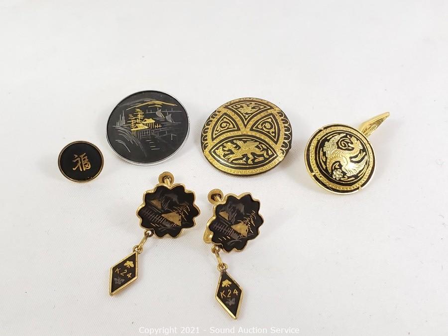 Sound Auction Service - Auction: 01/04/22 Holiday & Collectibles Online  Estate Auction ITEM: Vtg. Damascene Earrings, Cufflinks & Brooches