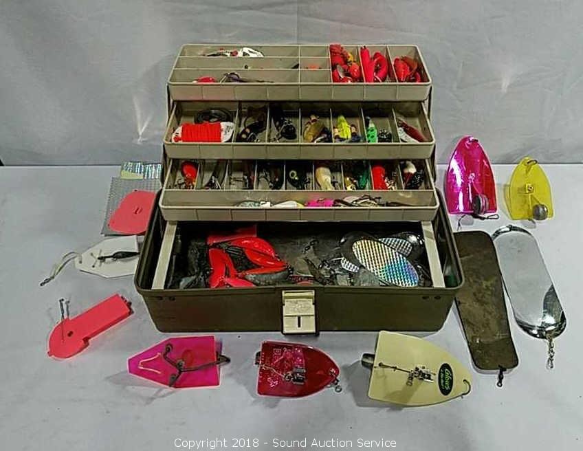 Sound Auction Service - Auction: 1/30/18 Fishing, Hunting & Antique's  Auction ITEM: Tackle Box Loaded w/Fishing Plugs, Flashers, Lures