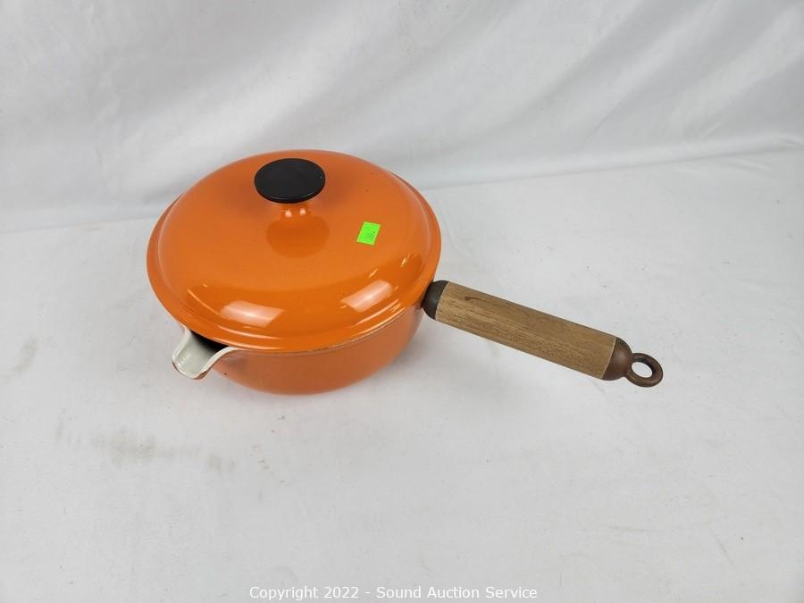 VINTAGE ORANGE ENAMEL CAST IRON SAUCE POT WTH WOD HANDLE FROM