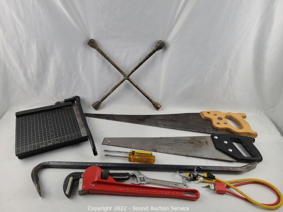 Sound Auction Service - Auction: 5/04/22 Yard Art, Collectibles, Fabric &  More Online Auction ITEM: Paper Cutter, Saws, Pipe Wrench, Crowbar & More