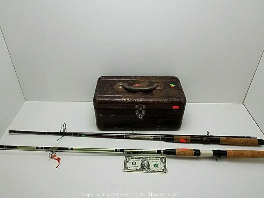 Sound Auction Service - Auction: 2/13/18 Rustic Antiques & Tool Auction  ITEM: 6-1/2ft Fiberglass Fishing Rods & Metal Tackle Box