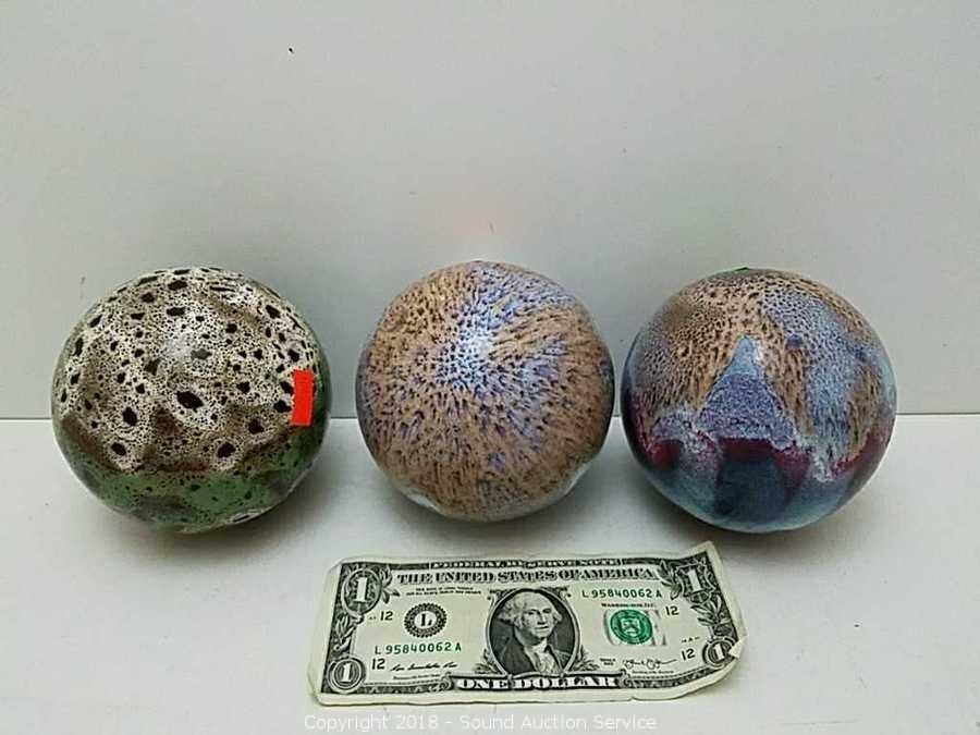 Sound Auction Service - Auction: 2/13/18 Rustic Antiques & Tool Auction  ITEM: (3) Art Pottery 4 Balls