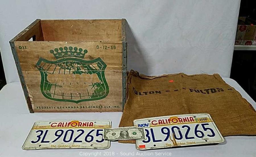 Sound Auction Service - Auction: 2/13/18 Rustic Antiques & Tool Auction  ITEM: Vtg. Wooden Crate, License Plates & Burlap Bag