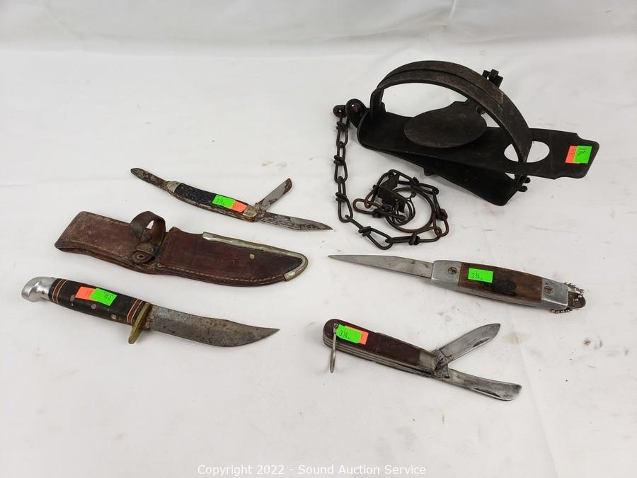 Sound Auction Service - Auction: 8/17/22 Tools, Antiques, Fine China Online  Auction ITEM: Vtg. Pocket Knives, Hunting Knife & Animal Trap