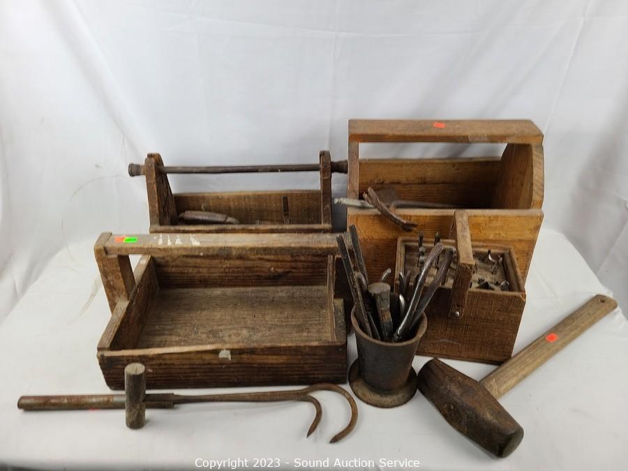 Sold at Auction: Antique Wooden Tool Box w/Contents.
