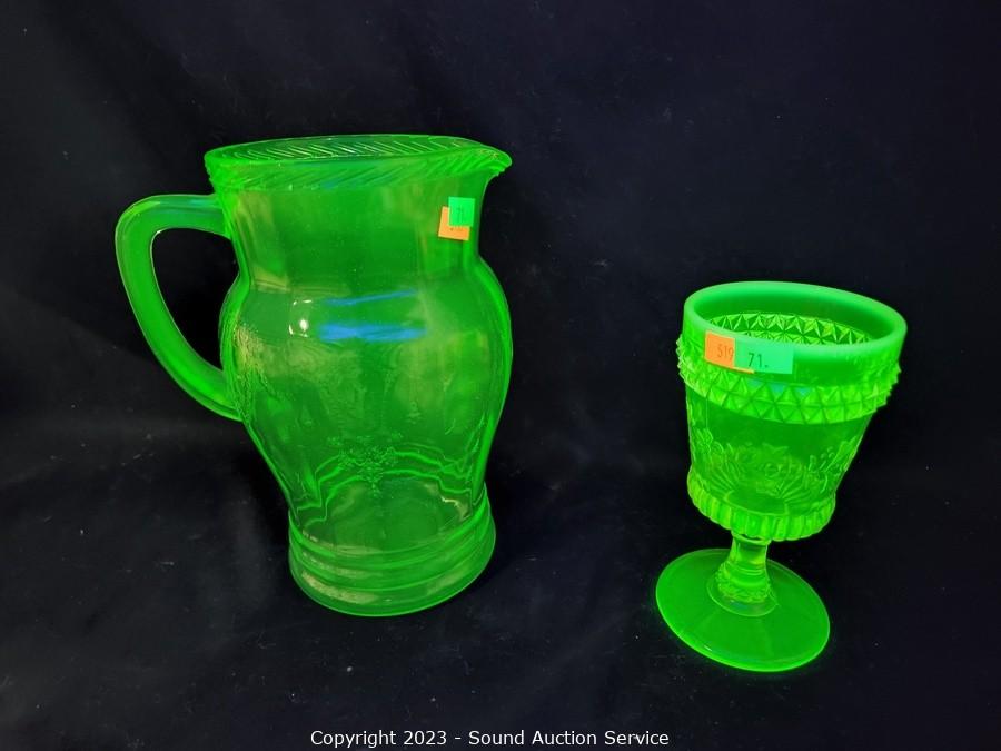 Vintage A & J Green Uranium Depression Glass Pitcher 5 1/2 Tall