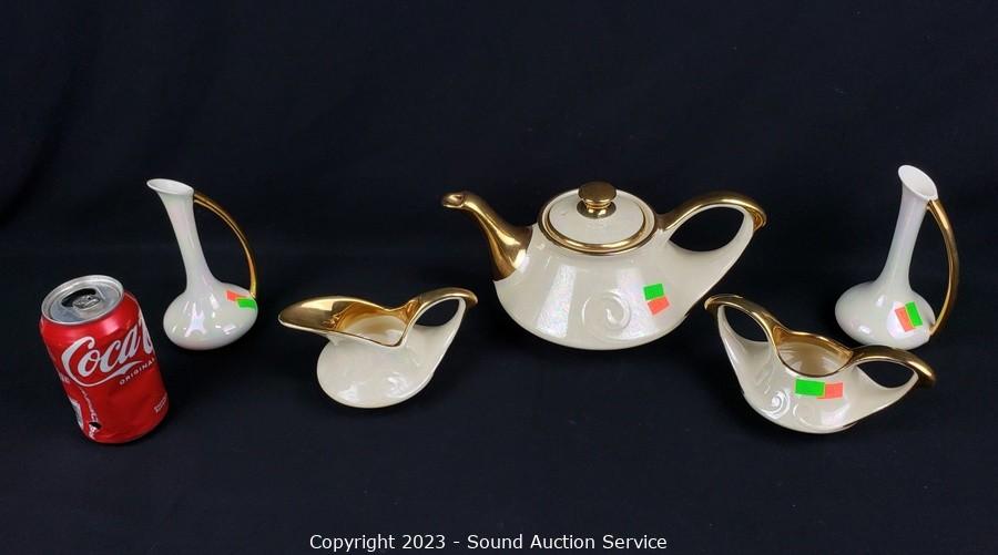 Sound Auction Service - Auction: 03/09/23 SAS Raak, DiMarco Online Auction  ITEM: Pearl 22kt Gold Teapot Cream, Sugar & Vases