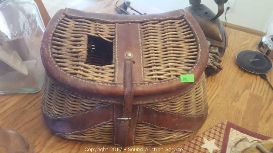 Sound Auction Service - Auction: 05/26/22 Rustic Yard Art, Furniture,  Collectibles Online Auction ITEM: Fishing Creel & Vintage Fishing Supplies