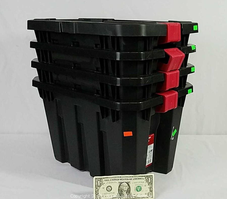 Husky 45 gal. Latch and Stack Tote with Wheels in Black with Red Lid