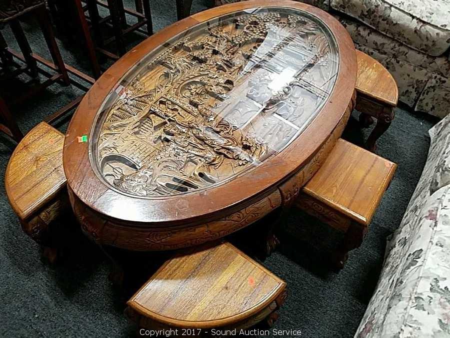 Oriental hand carved oval coffee table with 6 2024 stools