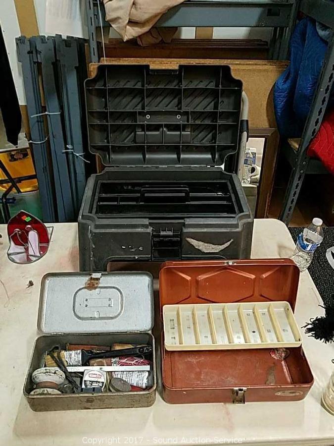 Sound Auction Service - Auction: Campbell Pt.3 & Nelson Online Estate  Auction ITEM: Tool/Tackle Boxes w/Rubbermaid Step Stool/Tool Box